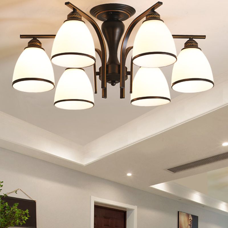 Retro Bell Flush Mount Light Frosted Glas halb Flush Kraut in Schwarz für Wohnzimmer