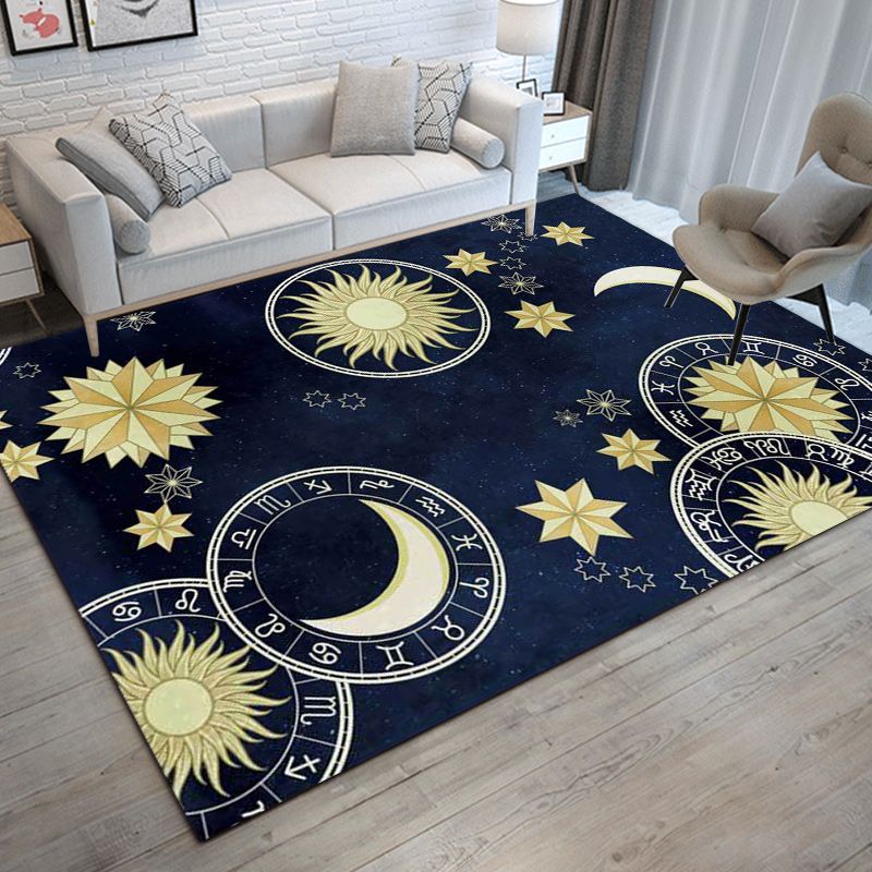 Blauer Schlafzimmer Teppich Moderner Außenraum Sonnenmond Muster Rug Polyester Nicht-Schlupf-Rückschlag Teppich
