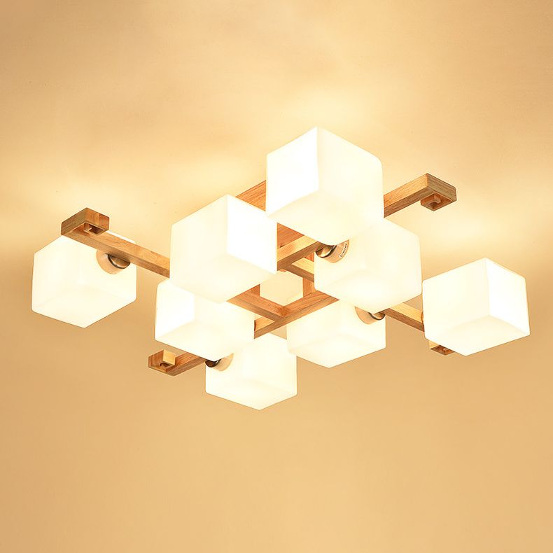 Modernes Naturholz halb Flush Mount Leuchte Rechteckglas Schatten Halbflush für Wohnzimmer