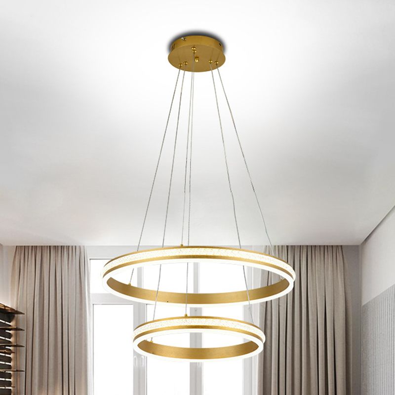 16"+24" Diameter 2-Tiered Ring LED Chandelier Aluminum Gold LED Hanging Pendant Light with Diamond Stripes Acrylic Shade