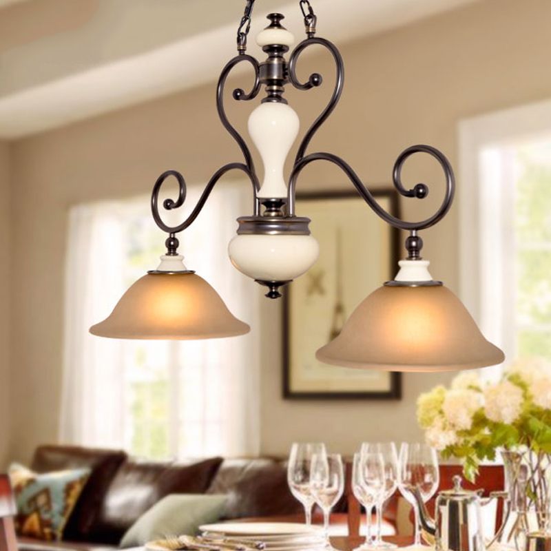 White Glass Black Island Lamp Flared 2 Heads Countryside Style Chandelier Light with Curvy Arm for Dining Room