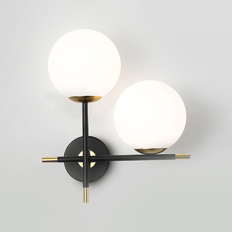 Contemporary 2 Bulbs Sconce Black Globe Wall Mounted Light Fixture with Milky Glass Shade
