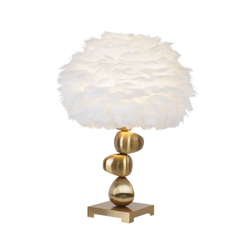 Metal Cobblestone Table Light Mid-Century Single Night Lamp with White Fluffy Feather Shade for Bedroom