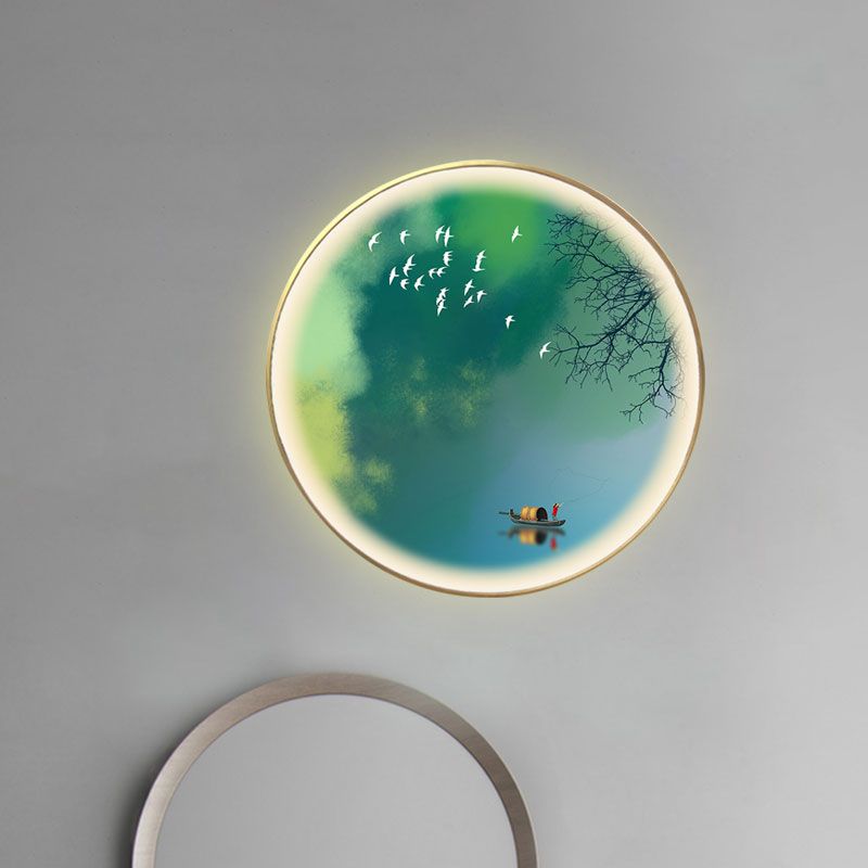Circular Shaped Metallic Wall Lighting Oriental Style LED Green Mural Lamp with Branch and Boat Pattern