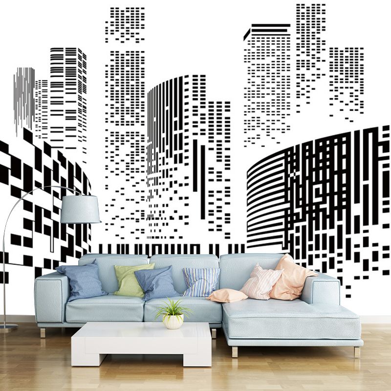 Modern City Wall Mural Decal for Office Room, Personalized Size Wall Decor in Black and White