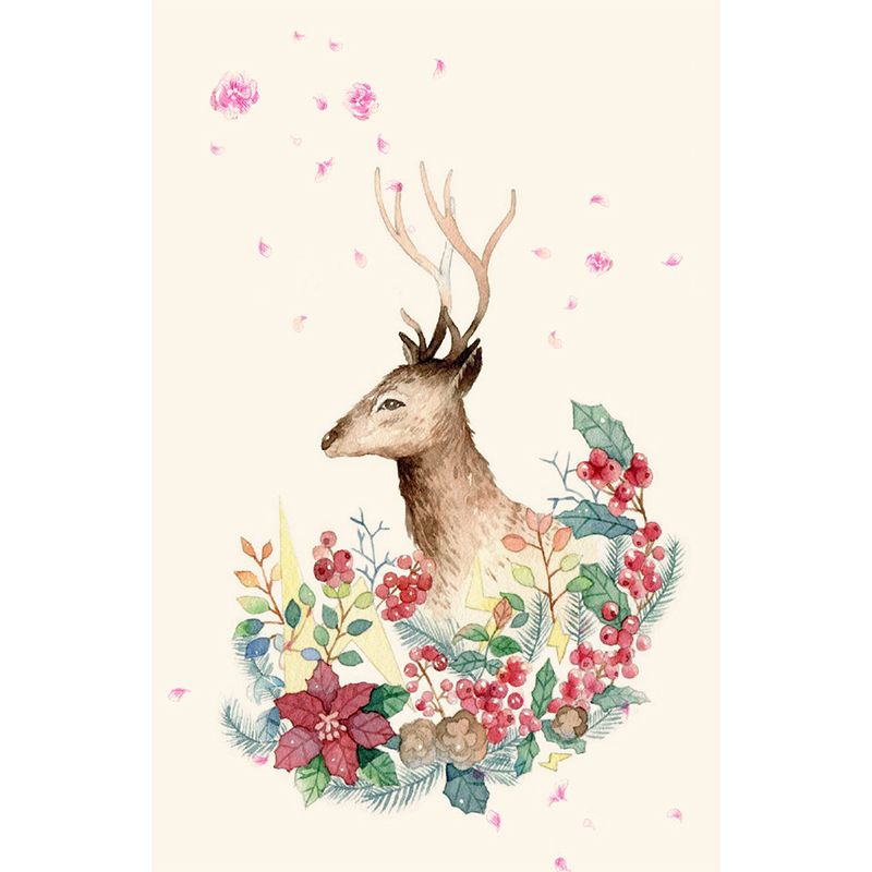 Decorative Deer with Wreath Murals Wallpaper for Accent Wall Customized Wall Art in Red-Green