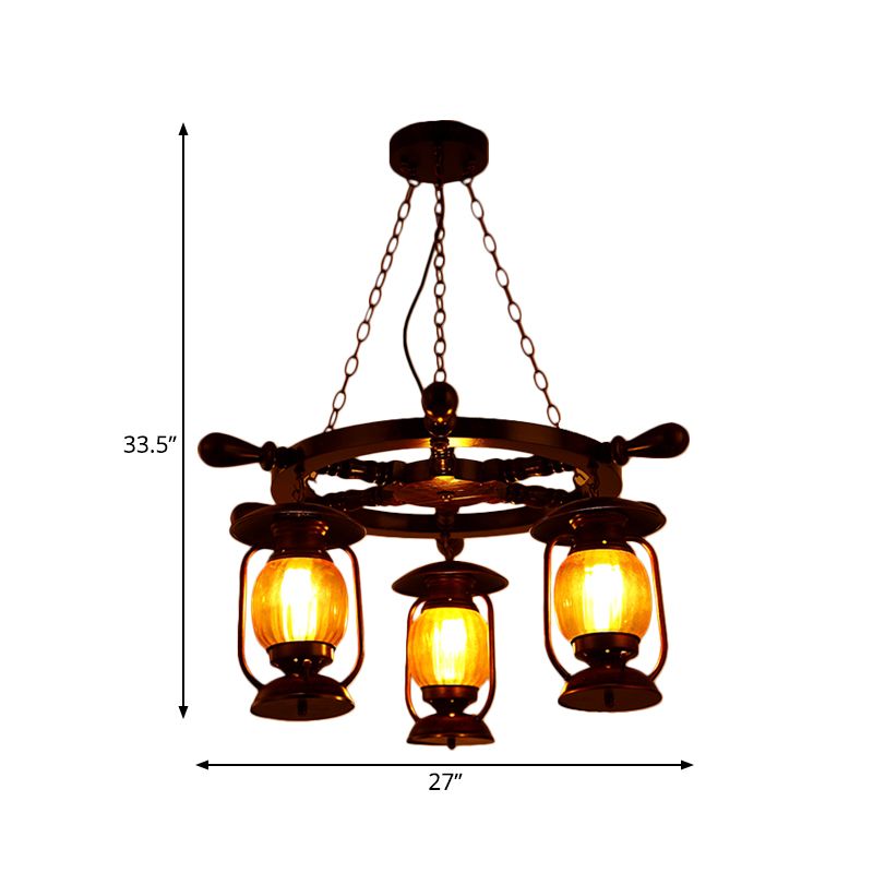 3 Bulbs Kerosene Chandelier Light Antiqued Style Copper Finish Yellow Glass Pendant Lamp with Wood Rudder Design