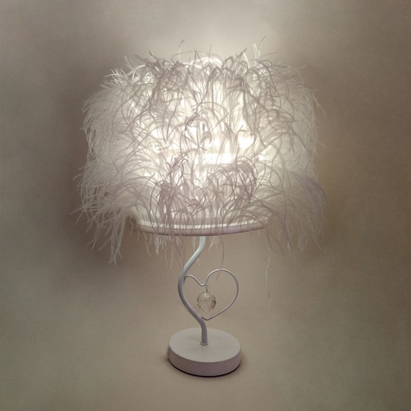 White Feather Night Table Lighting Modern 1-Bulb Fabric Desk Lamp for Bedside with Crystal Drop