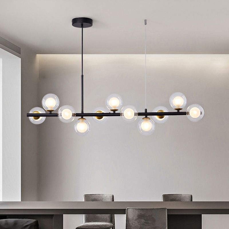 Clear/Amber/Smoke Grey Glass Ball Pendant Postmodern 7/9/11 Lights Black/Gold Hanging Island Light for Kitchen