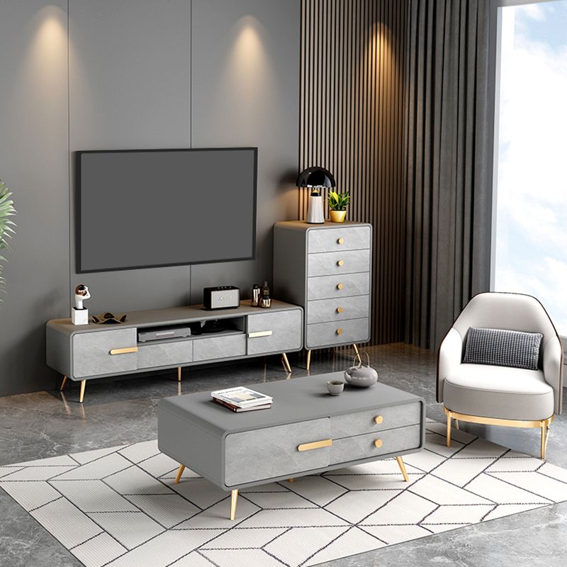 White and Gray TV Stand Glam Engineered Wood TV Cabinet with 2 Doors