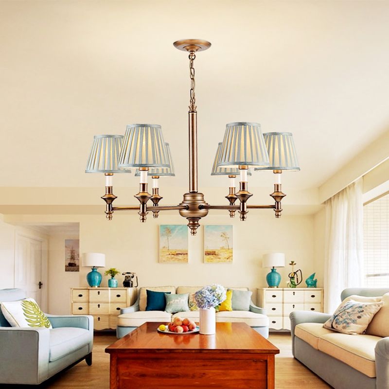 Blue Cone Pleated Shade Chandelier Light Fixture Nordic Fabric 6/8 Lights Living Room Hanging Light