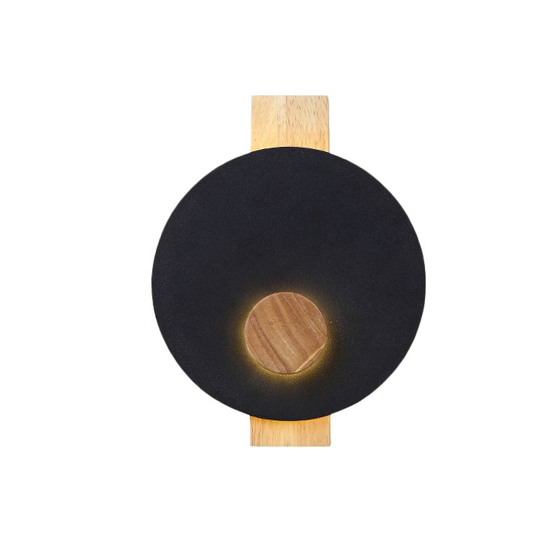 Black/Grey/White Disk Wall Light Fixture Minimalist LED Metal Sconce with Wood Backplate for Bedroom