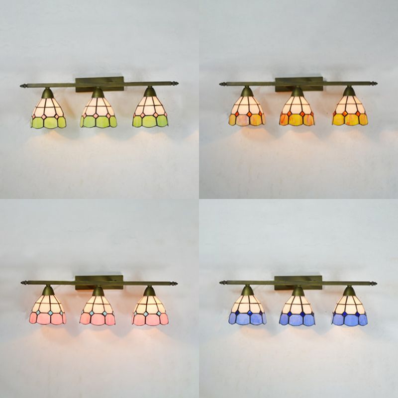 Yellow/Pink/Green/Blue Dome Wall Sconce Lamp Vintage Tiffany 3 Lights Wall Mount Light in Brass for Bathroom