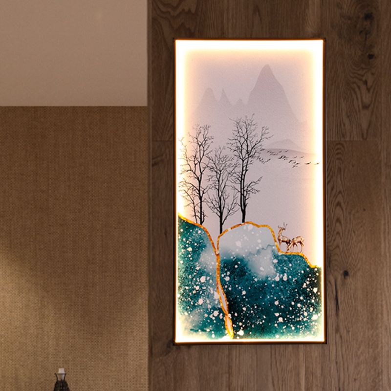 Rectangular Wall Mural Light Asia Fabric Tearoom LED Sconce with Fish/Elk Pattern, Blue