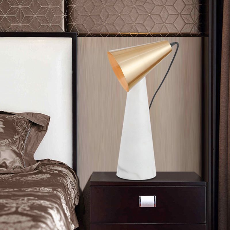White Conical Table Lighting Minimalist 1 Light Marble Nightstand Lamp with Metal Shade