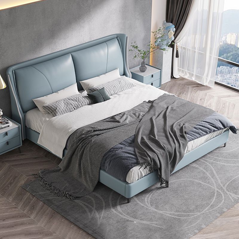Modern Genuine Leather Panel Bed Pine Wood Bed with Upholstered Headboard