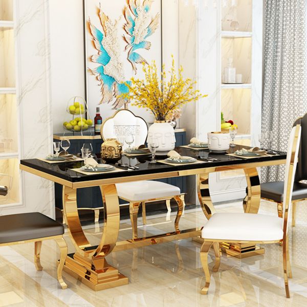 Mesa de comedor de mármol con forma rectangular Glam, mesa de comedor estándar con bases de pedestal dobles