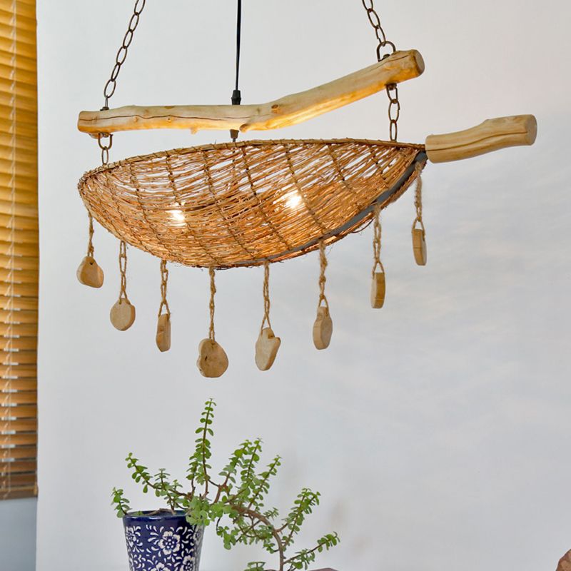 Asian Boat Shape Ceiling Chandelier Bamboo Rattan 2 Heads Restaurant Suspension Lamp in Flaxen with Wood Accent