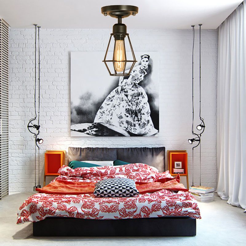 Zwart open gekooide semi -spoel licht industriële stijl ijzer 1 licht woonkamer plafond gemonteerd licht