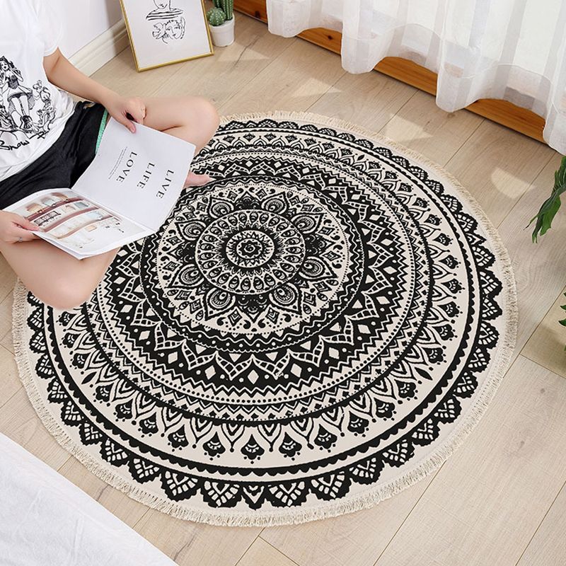 Round Tribal Print Carpet Cotton Persian Indoor Rug Non-Slip Backing Area Rug for Living Room