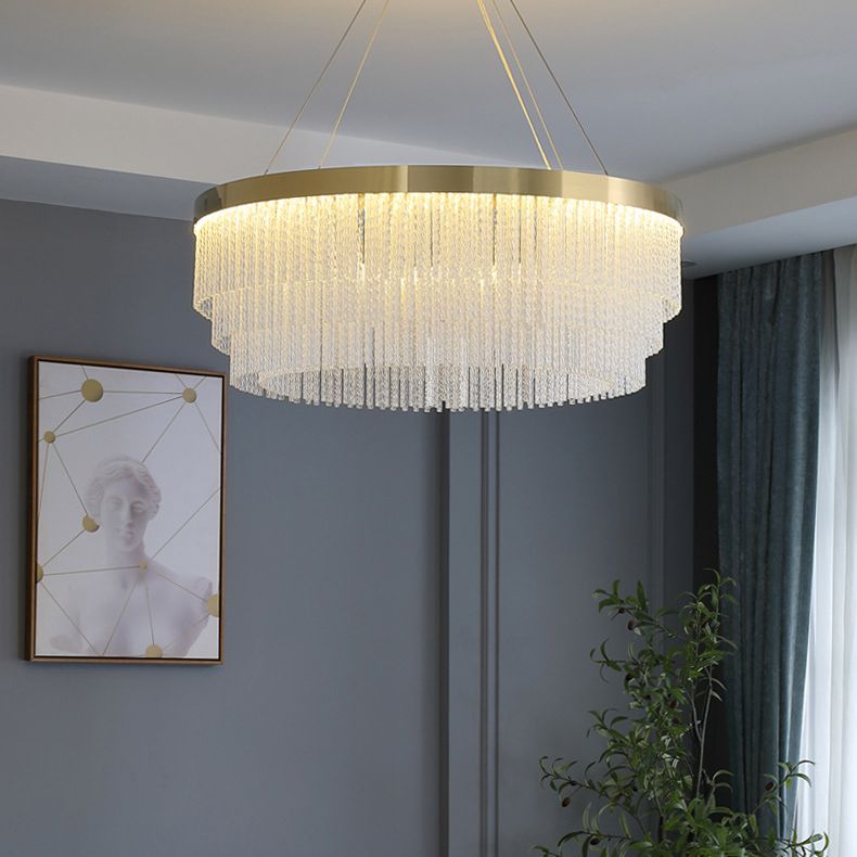 Prismatic Crystal Glass Tiered Chandelier Minimalist Gold LED Pendant Lighting Fixture