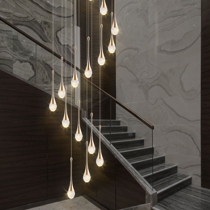 Modern Brass Crystal Hanging Light Long LED Cone Cascade Pendant Lights for Stairwell