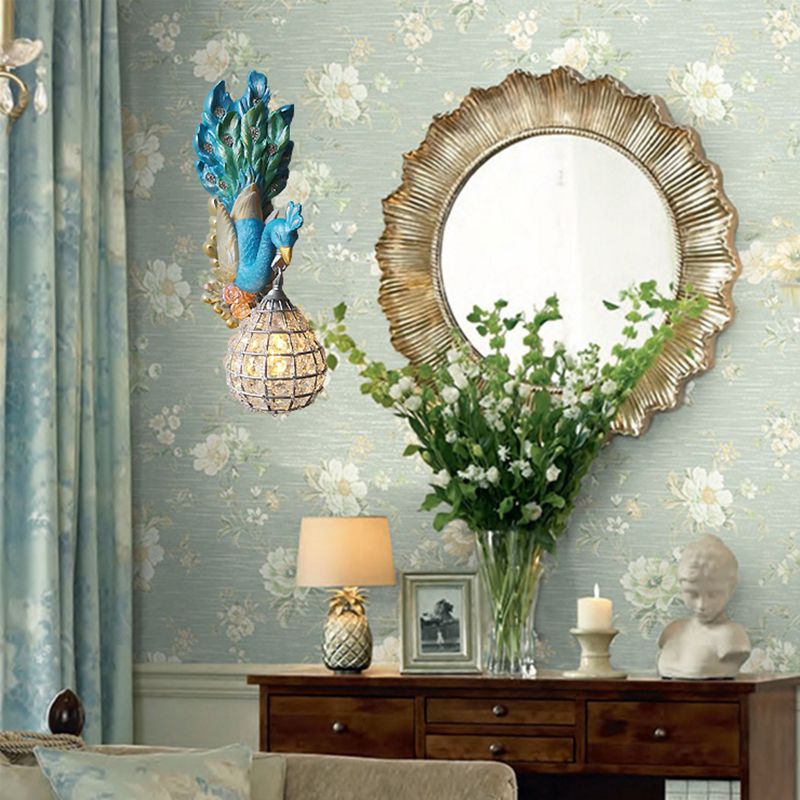 Blue Peacock Wall Light Fixture Southeast Asia Style Resin 1 Light Bedroom Sconce Lamp with Globe Frame Shade