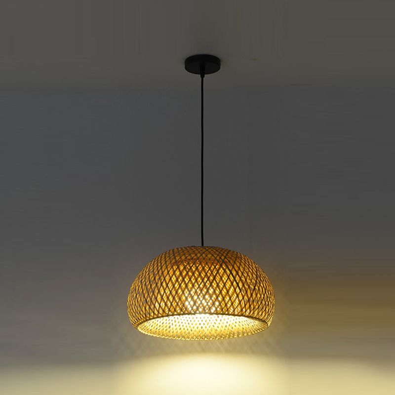 Cross-Woven Bamboo Pendant Lamp Asian Style 1 Bulb Domed Suspension Light