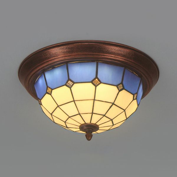 Industrial Vintage Dome Shape Flushmount Ceiling Light Stained Glass 1 Light Flush Mount Ceiling Fixture in White/Clear/Blue