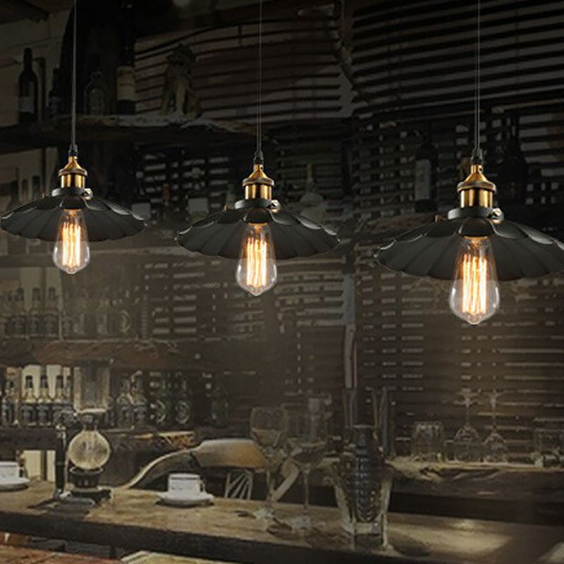 Floral Shade Beer Bar Drop Pendant Industrial Metallic 1 Head Black Ceiling Suspension Lamp, 10" Width