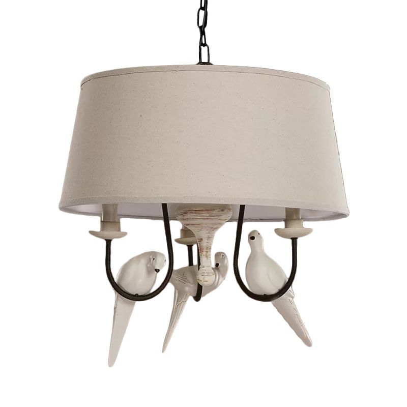 Fabric Beige Pendant Lamp Drum 3 Lights Vintage Chandelier Light Fixture for Bedroom with Bird