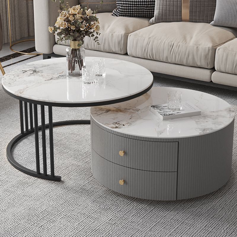Contemporary Cocktail Table Round Glass / Slate Coffee Table with Drawers