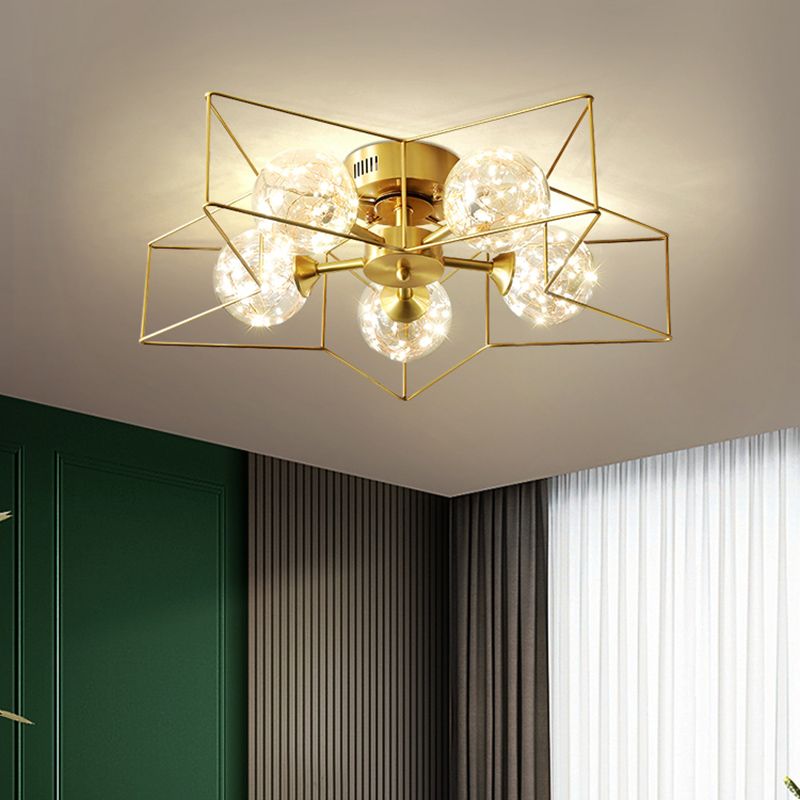 Clear Glass Sphere LED Semi Flush Modern Style 5 Heads Brass Flush Ceiling Light Fixture with Star Metal Frame