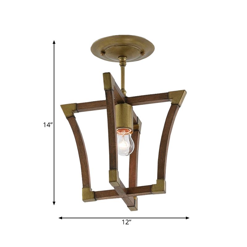 1-Bulb Semi Flush Ceiling Light Rustic Living Room Flush Mount with Wood Interlocking Trapezoid Cage in Brass
