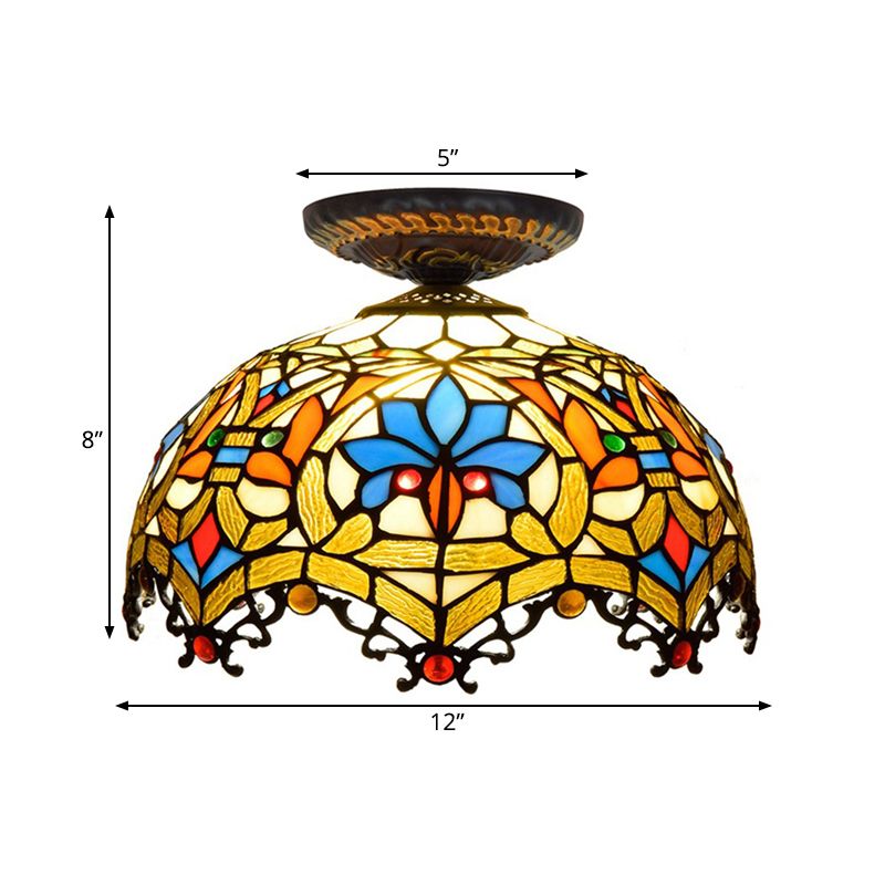 12"/16" W Baroque Scalloped Flush Mount Lighting 1 Bulb Handcrafted Stained Glass Ceiling Lamp in Black