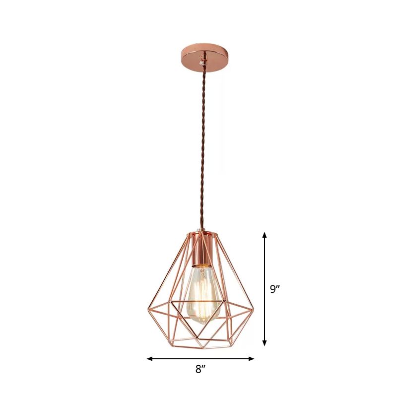 Lámpara colgante de oro rosa de hierro encendida/jaula de diamantes de 1 luces de techo industrial para el dormitorio para el dormitorio