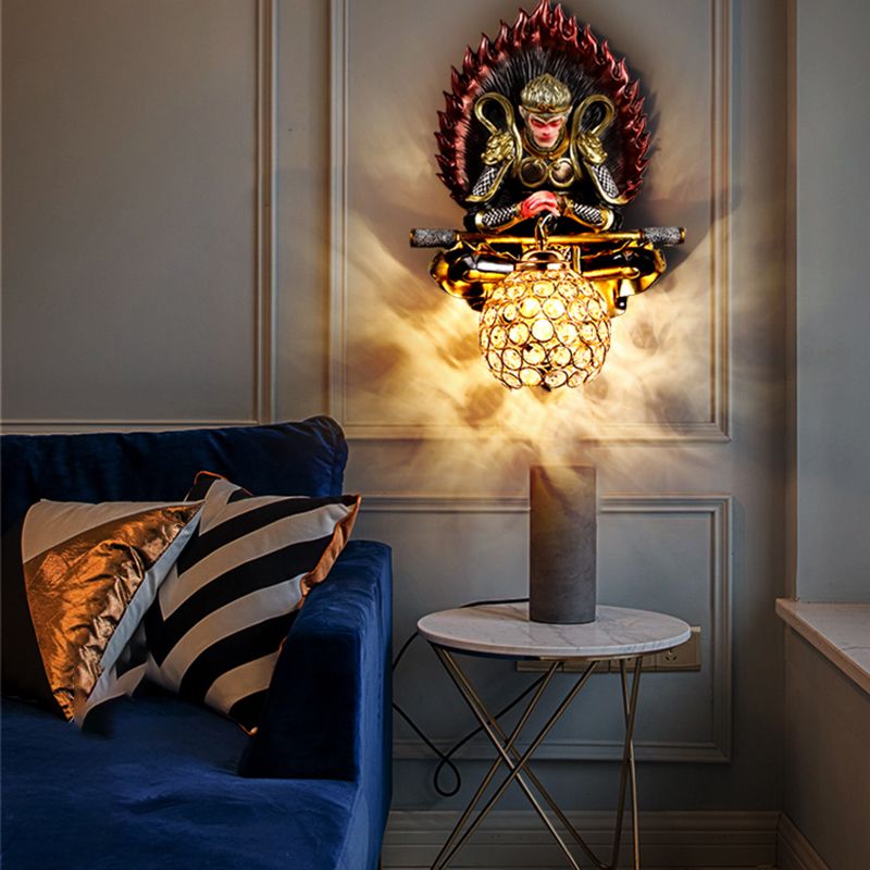 Resin Monkey King Wall Sconce Decorative 1-Light Wall Lamp with Crystal Shade
