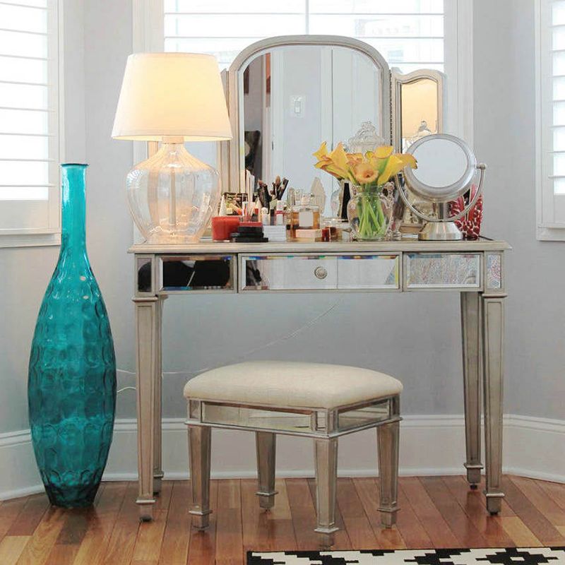 Sliver Vanity Set with 3 Storage Drawers Glass Make-up Vanity, 17.71" Wide