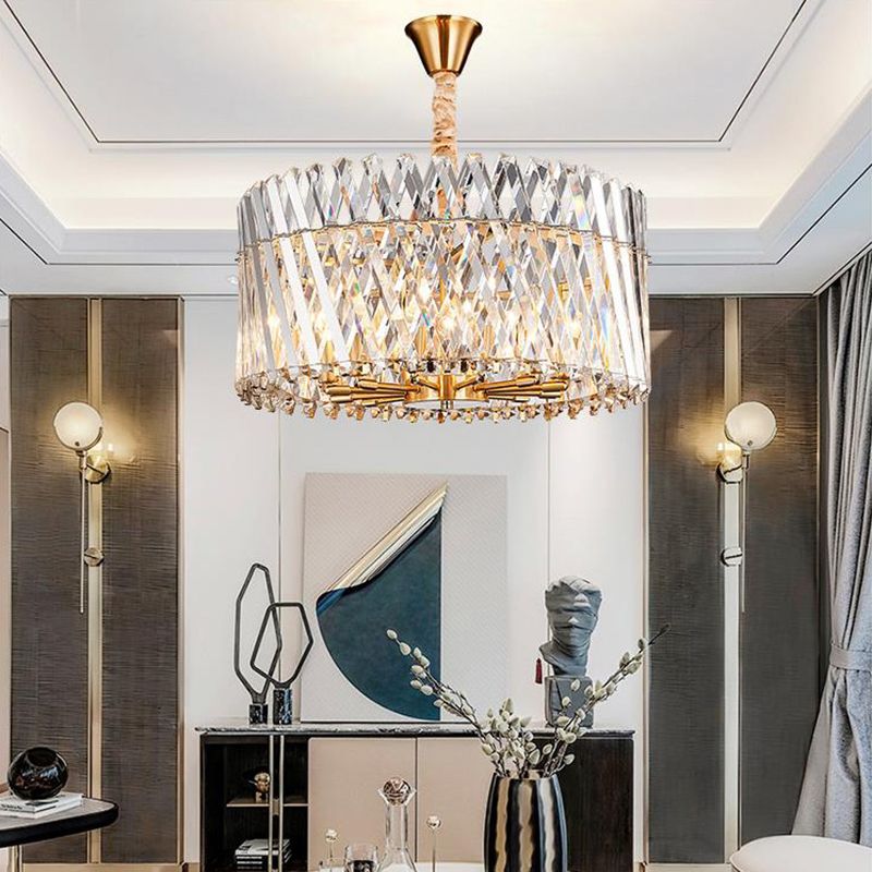 Tri-Sided Crystal Rod Drum Ceiling Light Contemporary 10 Heads Chandelier Light Fixture