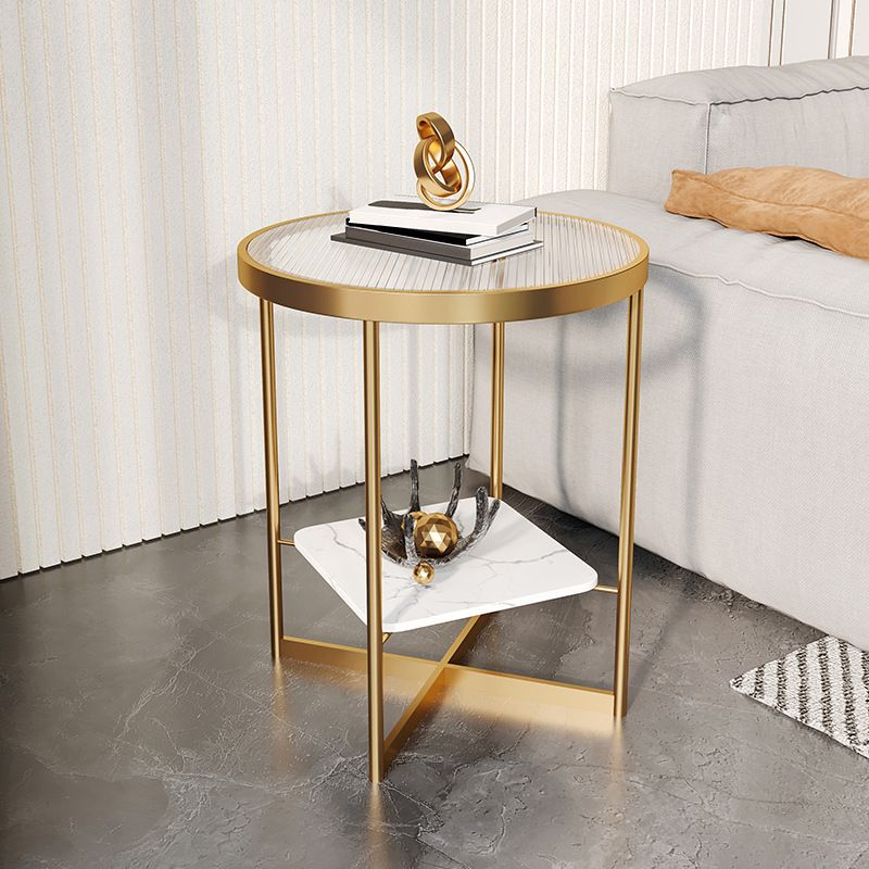 Dia 15.7"/19.7" Stone/Glass Round Side Table Shelf Included Cross Legs End Table