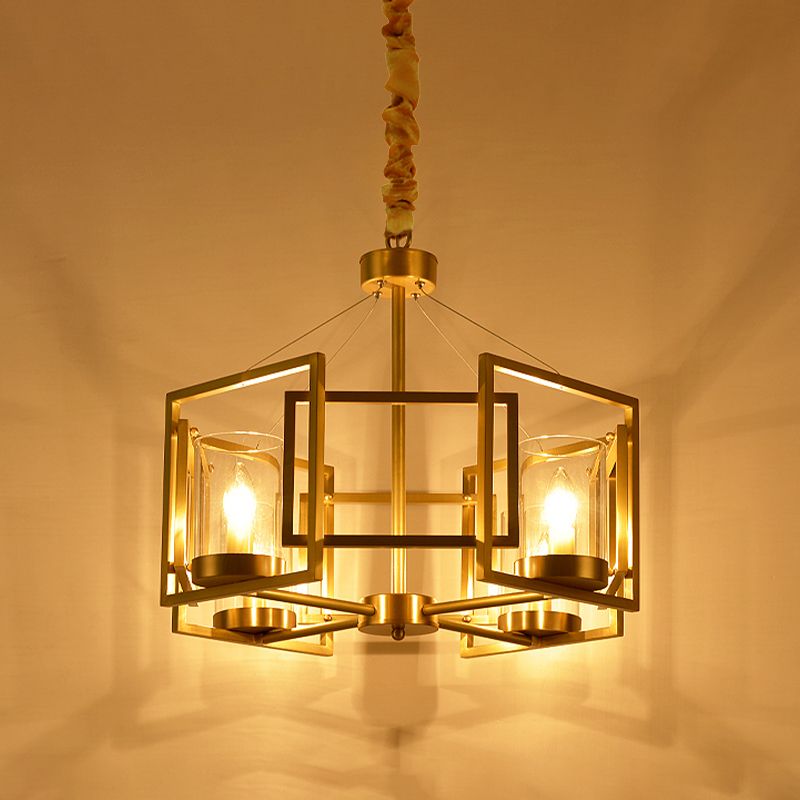 Lámpara colgante de lámpara de lámpara de cilindro de lujo Lámpara de vidrio transparente de 4/6 head en oro con jaula de metal rectangular