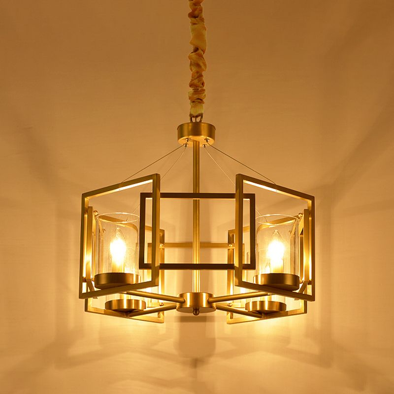 Luxury Cylinder Chandelier Pendant Light 4/6-Head Clear Glass Hanging Lamp in Gold with Rectangle Metal Cage