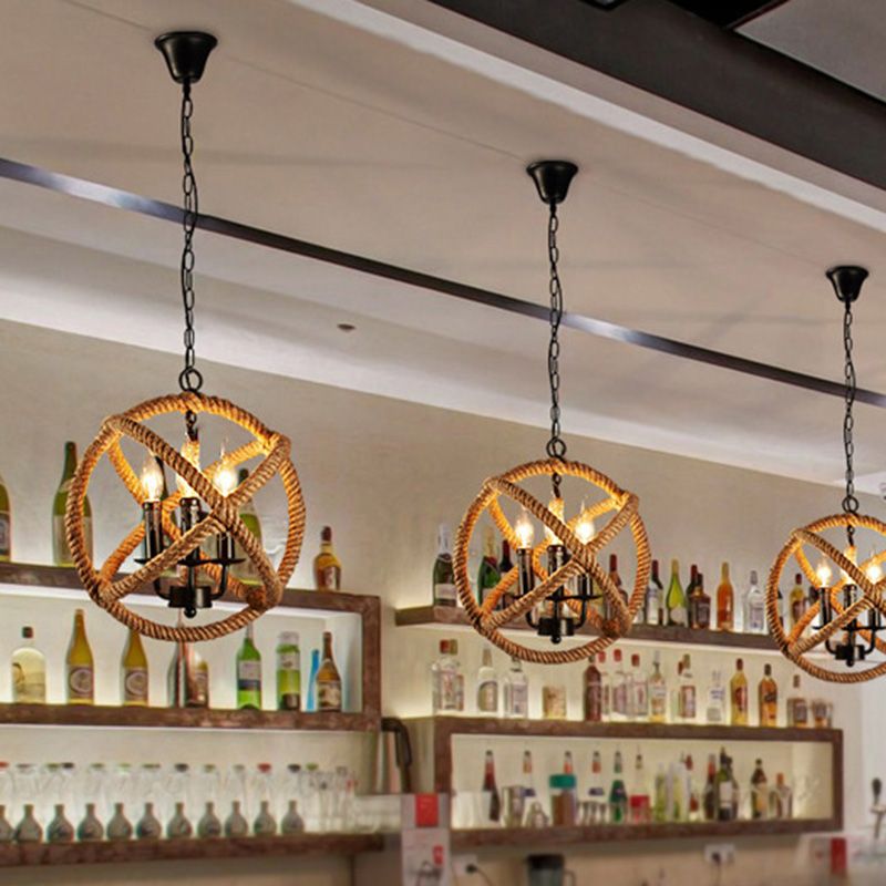Hemp Rope Yellow Chandelier Light Orbit Globe 3-Light 14"/16.5"/20.5" Wide Farmhouse Pendant Lighting Fixture