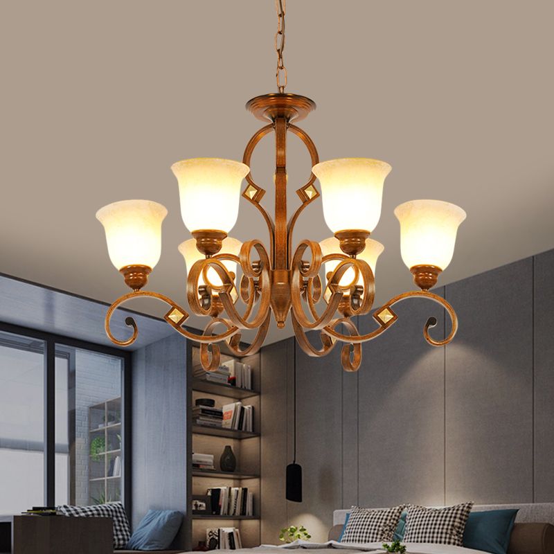 Braccio curvo per camera da letto lampadario in metallo rurale 6 lampadine bulbi brown sospeso con tonalità di vetro opale a campana