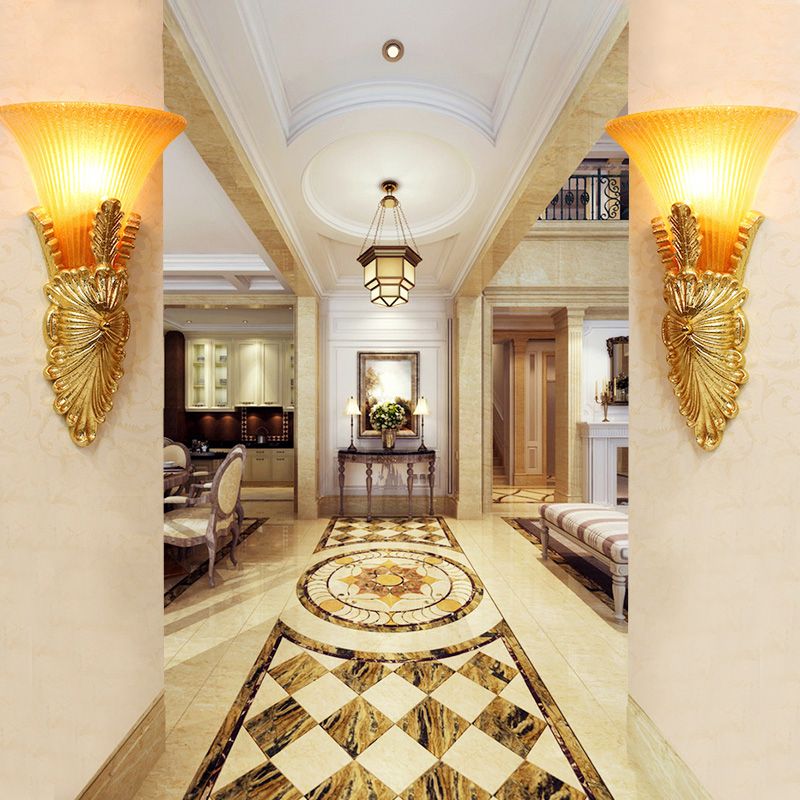 Amber Glass Gold Wall Lighting Flared Single Bulb Colonialism Sconce Light Fixture for Hallway