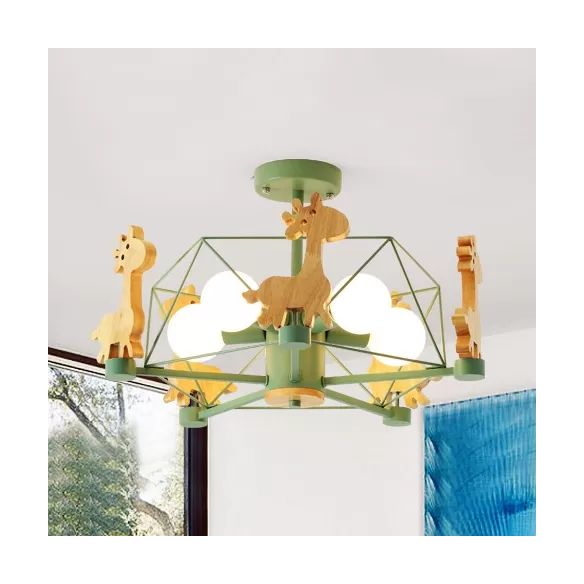 Wire Frame Semi Flush Mount Light with Giraffe 5 Heads Kids Metallic Ceiling Lamp for Child Bedroom