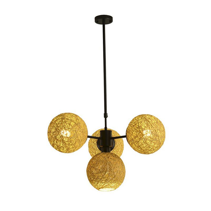 Sphere Rattan Chandelier Pendant Light Contemporary 4 Heads Flaxen Hanging Light Fixture