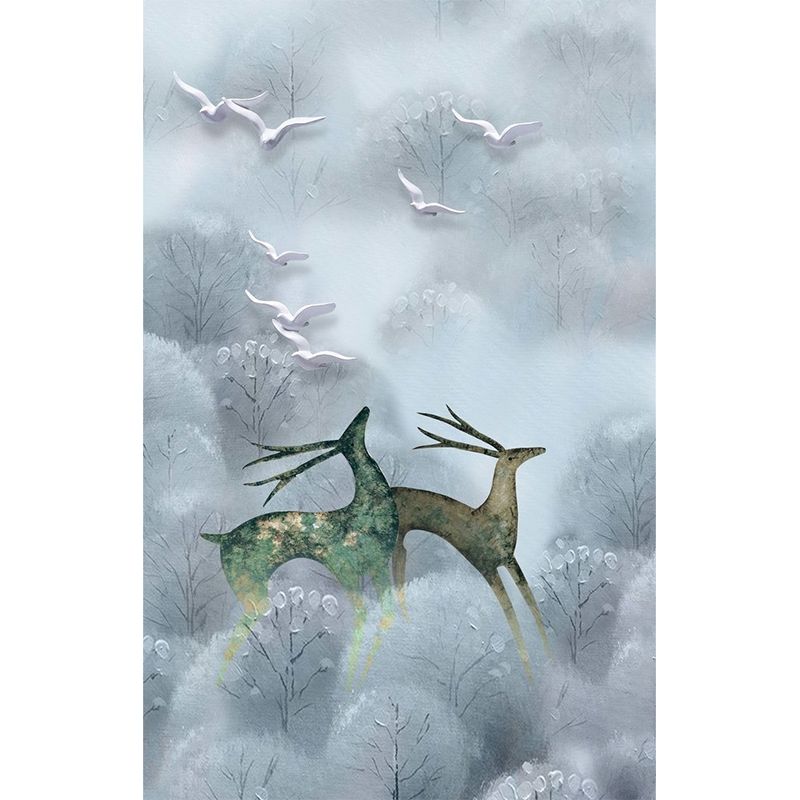 Large Scandinavian Wall Murals Grey and Blue Deers in Foggy Bushes Wall Decor, Customized Size