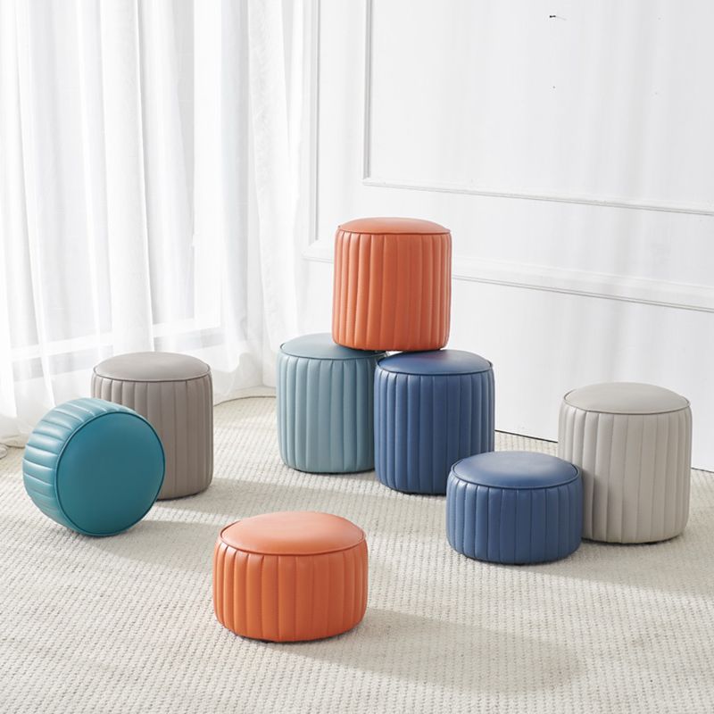 Contemporary Water Resistant Pouf Round Orange Leather Ottoman