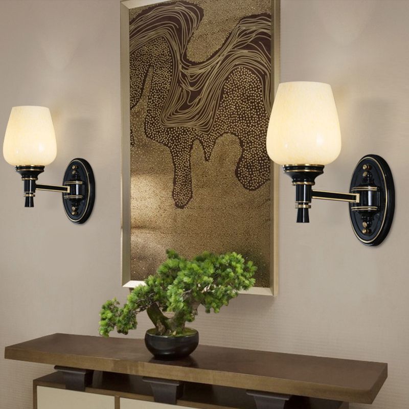 1/2-Bulb Wall Mount Light with Cone White Glass Shade Traditional Living Room Sconce Light in Black